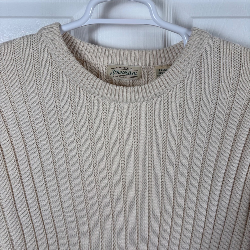 Vtg 90s Sweater L Cream 100% Cotton Chunky Coastal Grandpa‎ Fisherman Academia - Picture 3 of 6